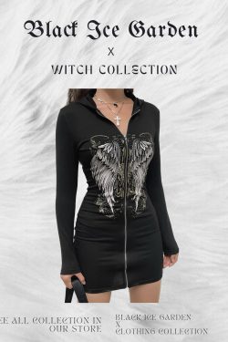 Gothic Black Dress with Butterfly Print - Y2K Clothing