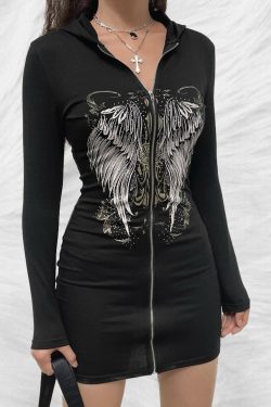 Gothic Black Dress with Butterfly Print - Y2K Clothing