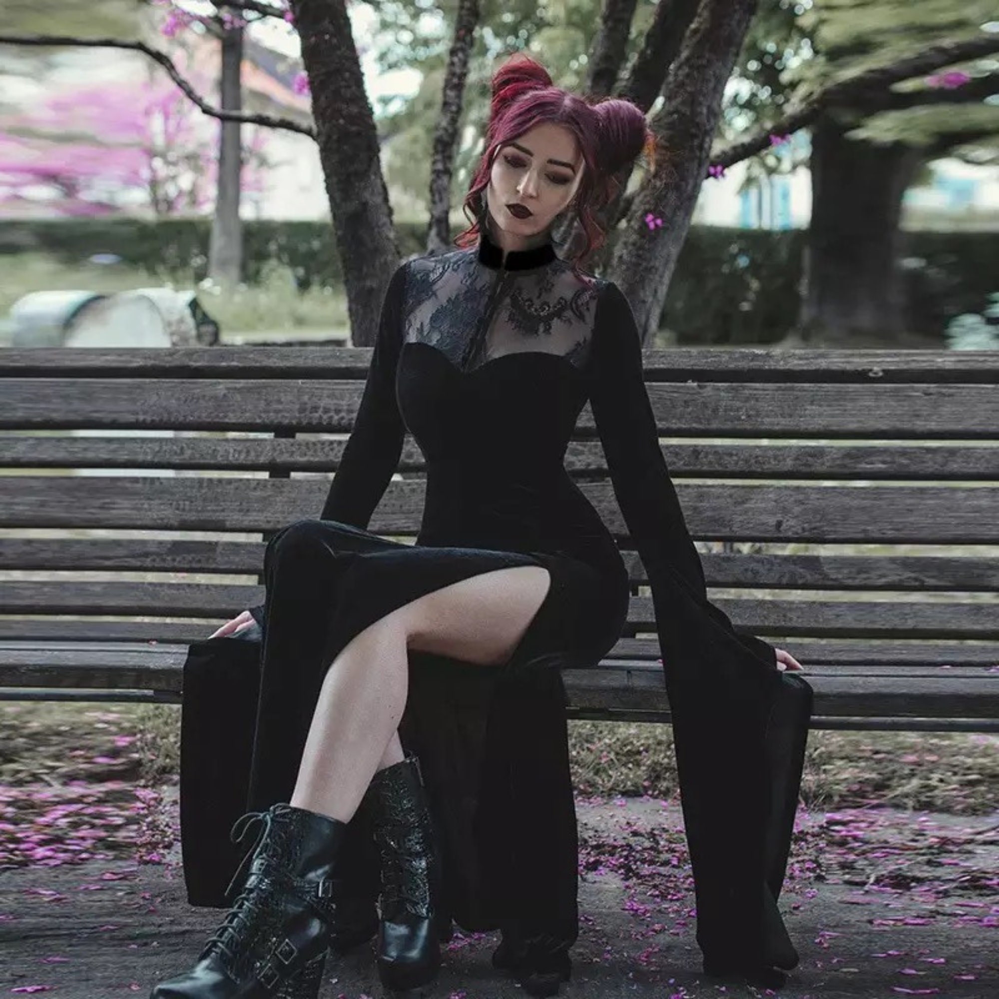 Gothic Black Long Sleeve Maxi Dress - Y2K Witch Clothing