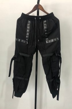 Gothic Cargo Pants - Handmade Woven Rivet Patchwork Dark Black
