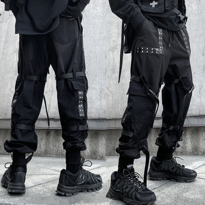 Gothic Cargo Pants - Handmade Woven Rivet Patchwork Dark Black