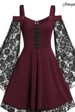 Gothic Cold Shoulder Dress - Plus Size Halloween Flared Sleeve Costume