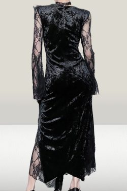 Gothic Dark Lace Slim Velvet Dress - Y2K Clothing
