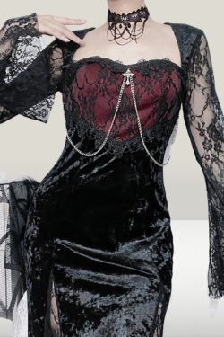 Gothic Dark Lace Slim Velvet Dress - Y2K Clothing