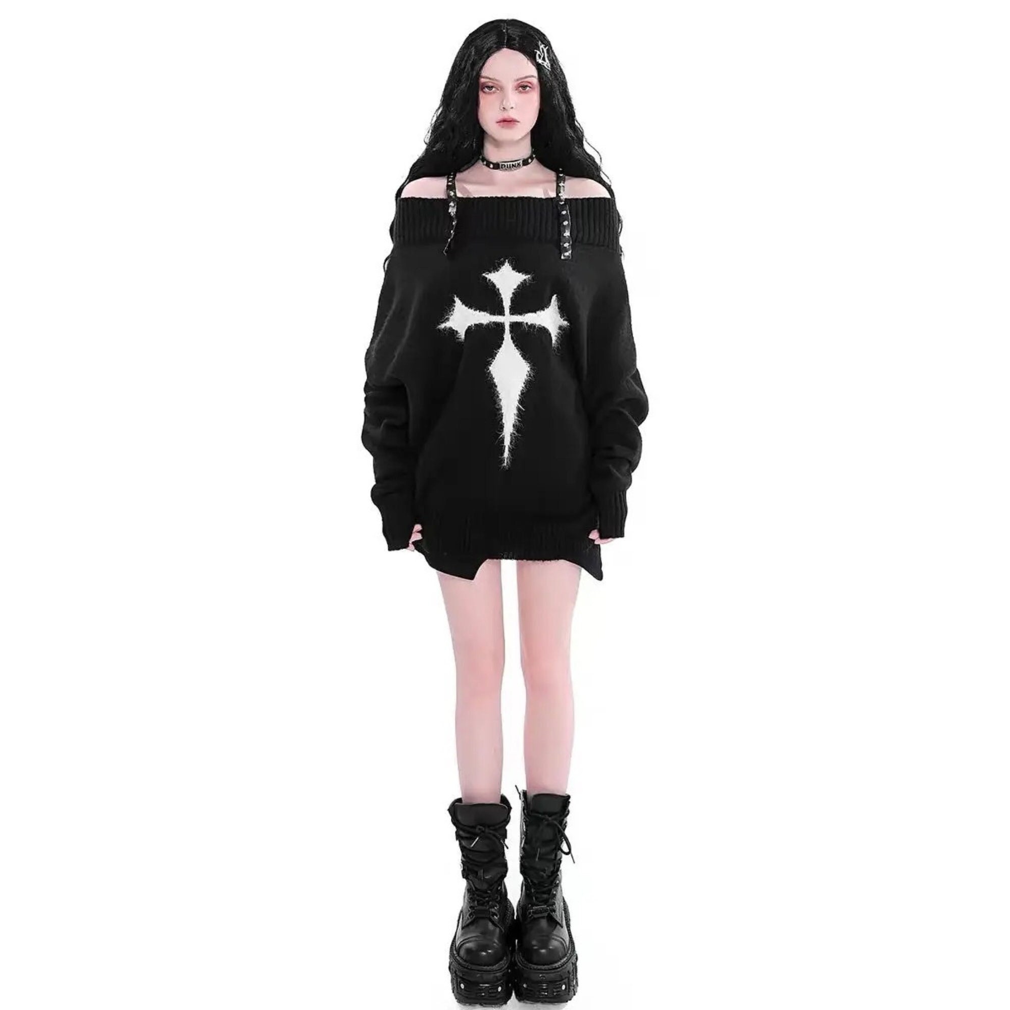 Gothic Harajuku Sweater - Black Cross OverSized Rock Pullover