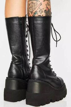 Gothic High Platform Boots with 13 Eyes and Lace-Up Detailing