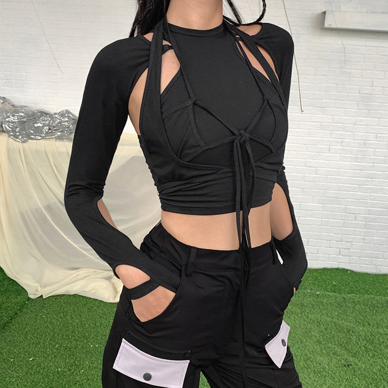 Gothic Hollow Out Crop Top with Bandage Ties - Black Punk Style