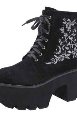 Gothic Lace-Up Boots with Pentagram Moon Embroidery