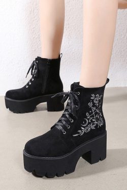Gothic Lace-Up Boots with Pentagram Moon Embroidery