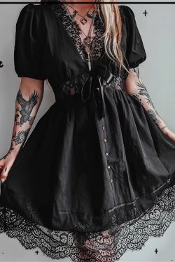 Gothic Lace Bubble Sleeve Dress - Elegant and High Waist Prom Dress