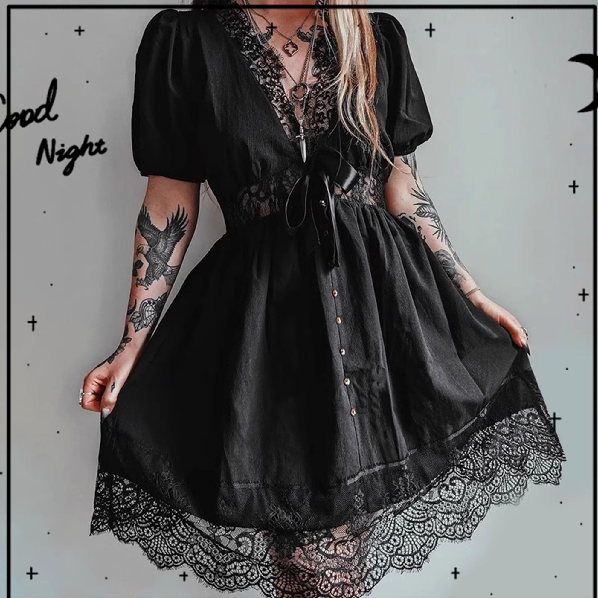 Gothic Lace Bubble Sleeve Dress - Elegant and High Waist Prom Dress