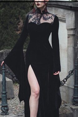 Gothic Lace Hollow Flare Sleeve Dress - Y2K Clothing