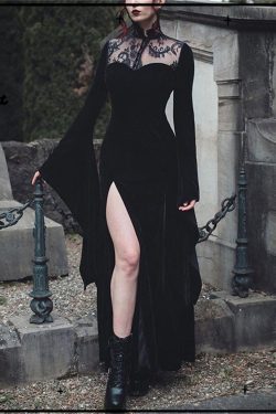 Gothic Lace Hollow Flare Sleeve Dress - Y2K Clothing