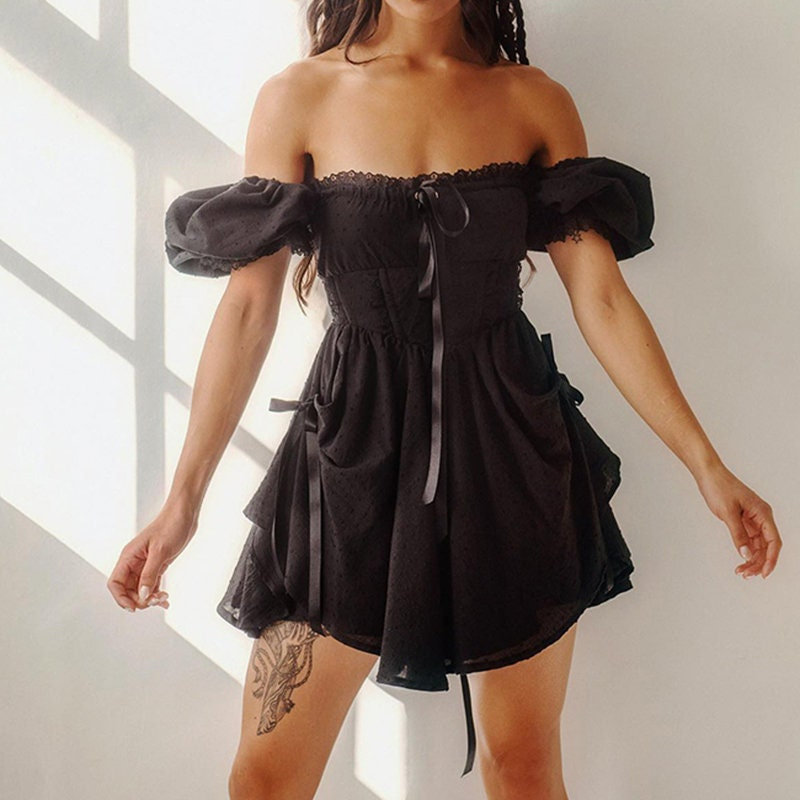 Gothic Lace Trim Mini Corset Dress - Y2K Fashion