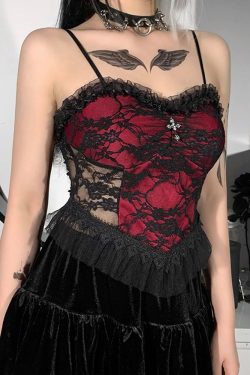 Gothic Lace Up Red Crop Top - Vintage Camisole - Y2K Fashion