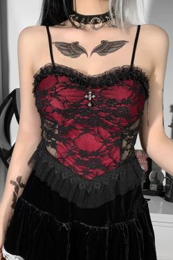 Gothic Lace Up Red Crop Top - Vintage Camisole - Y2K Fashion