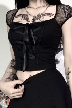 Gothic Lace Up T-shirt - Sexy Black Mesh Tee for Women