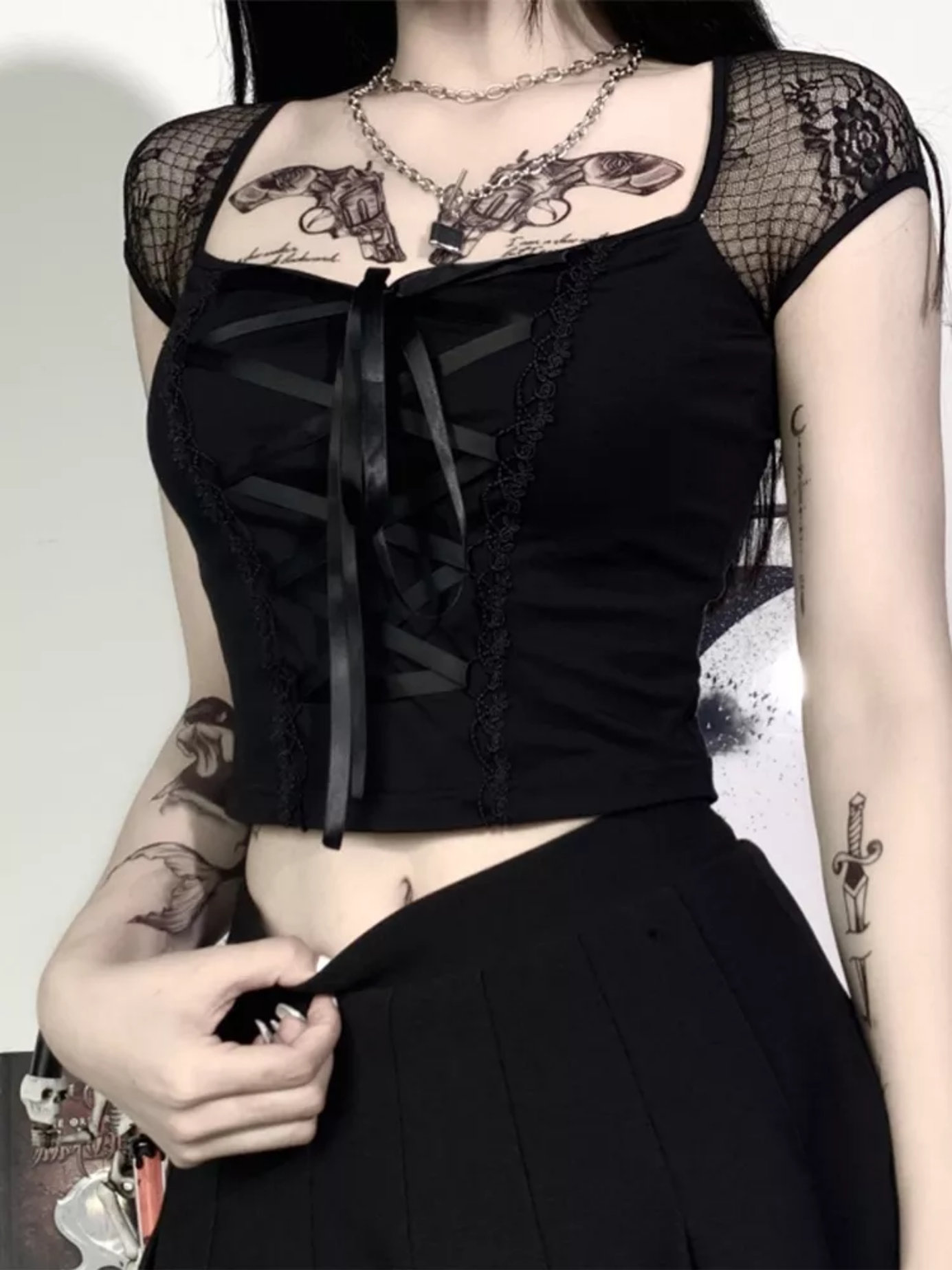 Gothic Lace Up T-shirt - Sexy Black Mesh Tee for Women
