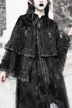 Gothic Lace Velvet Cloak - Harajuku Print Top