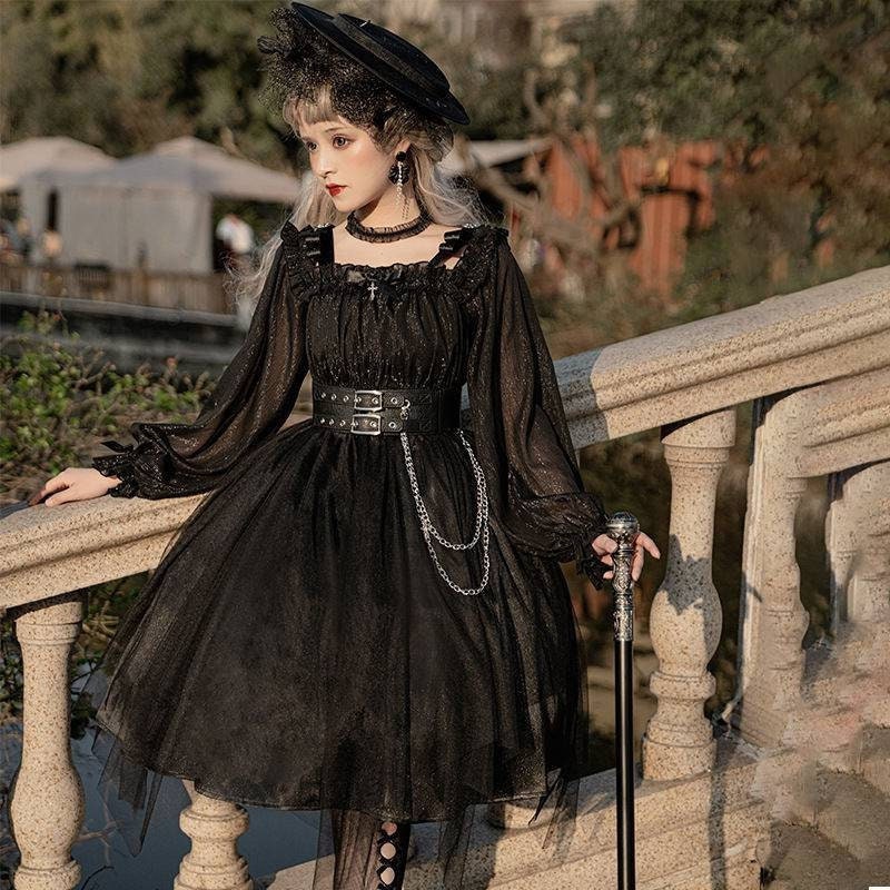 Gothic Lolita Dress with Ruffle Mesh Sleeves - Y2K Fashion