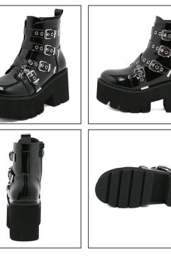 Gothic Platform Ankle Boots - Black Chunky Biker Shoes