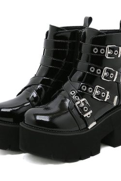 Gothic Platform Ankle Boots - Black Chunky Biker Shoes