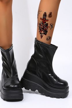 Gothic Platform Ankle Boots - Black PU Leather
