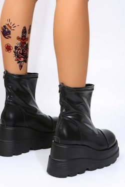 Gothic Platform Ankle Boots - Black PU Leather