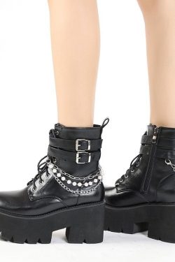 Gothic Platform Boots - Black Chunky High Heel Biker Shoes