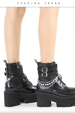 Gothic Platform Boots - Black Chunky High Heel Biker Shoes