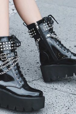 Gothic Platform Boots - Vintage Style Patent Leather Rivet Detail