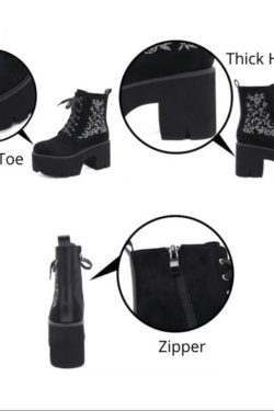 Gothic Platform Boots - Witch Pentagram Moon Embroidery