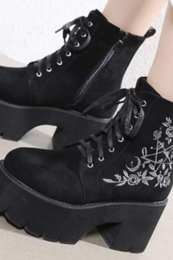 Gothic Platform Boots - Witch Pentagram Moon Embroidery