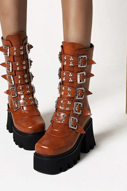 Gothic Platform Motorcycle Boots - Y2K Clothing