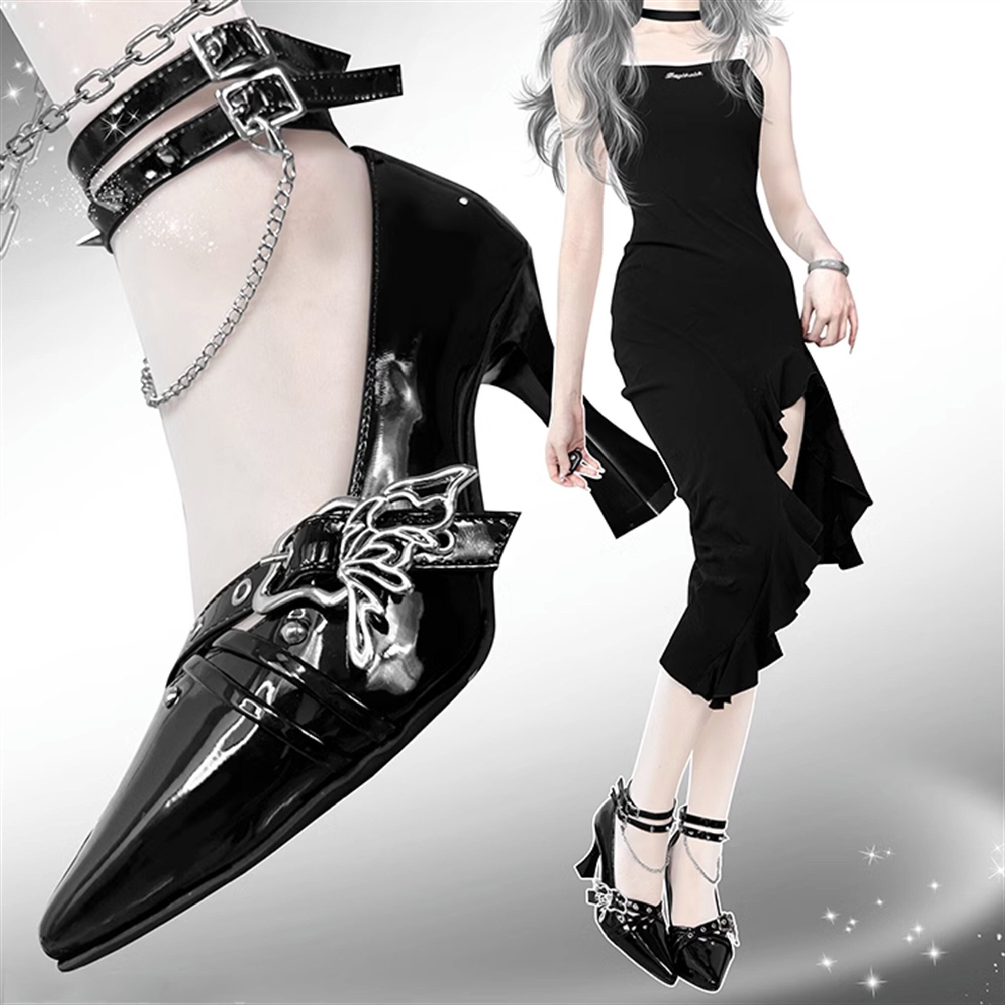 Gothic Punk Y2K Heel Shoes Butterfly Buckles & Chains