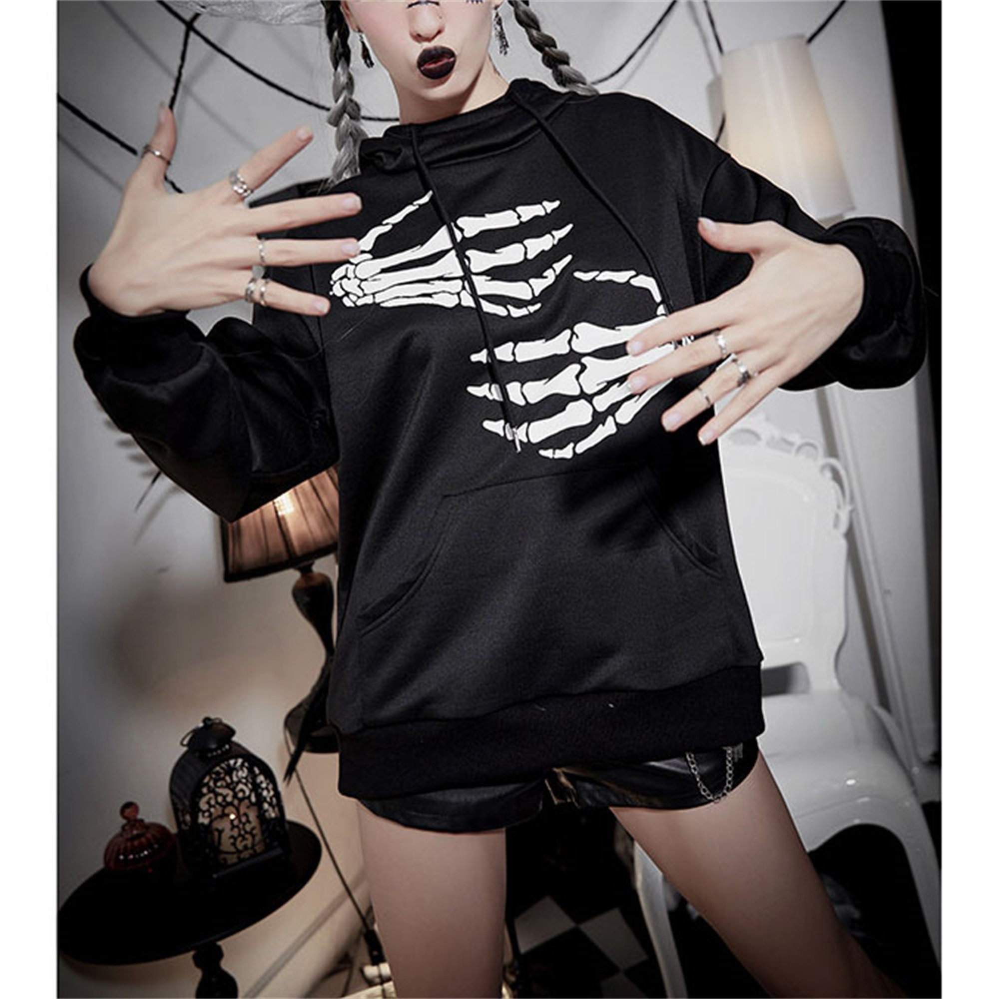 Gothic Skeleton Print Hooded High Neck Top - Y2K Fashion