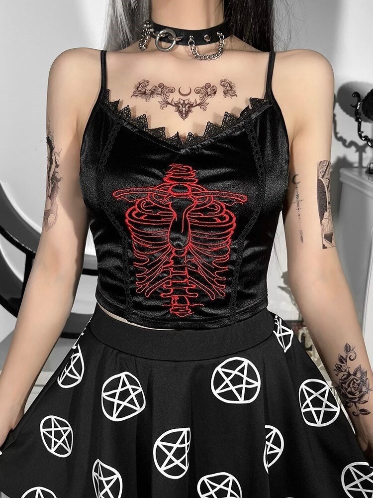 Gothic Skull Embroidery Black Camis - Sexy Backless Crop Top