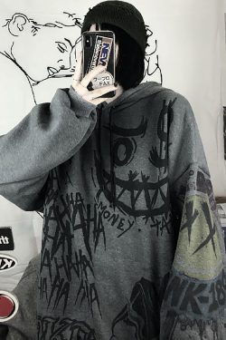 Gothic Skull Smiley Hoodie - Y2K Clothing Harajuku Style