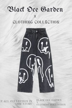 Gothic Smile High Waist Denim Pants - Y2K Fashion