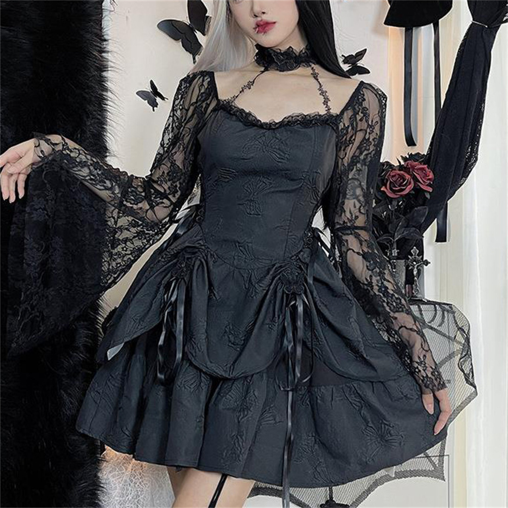 Gothic Spider Web One-Shoulder Dress - Y2K Clothing