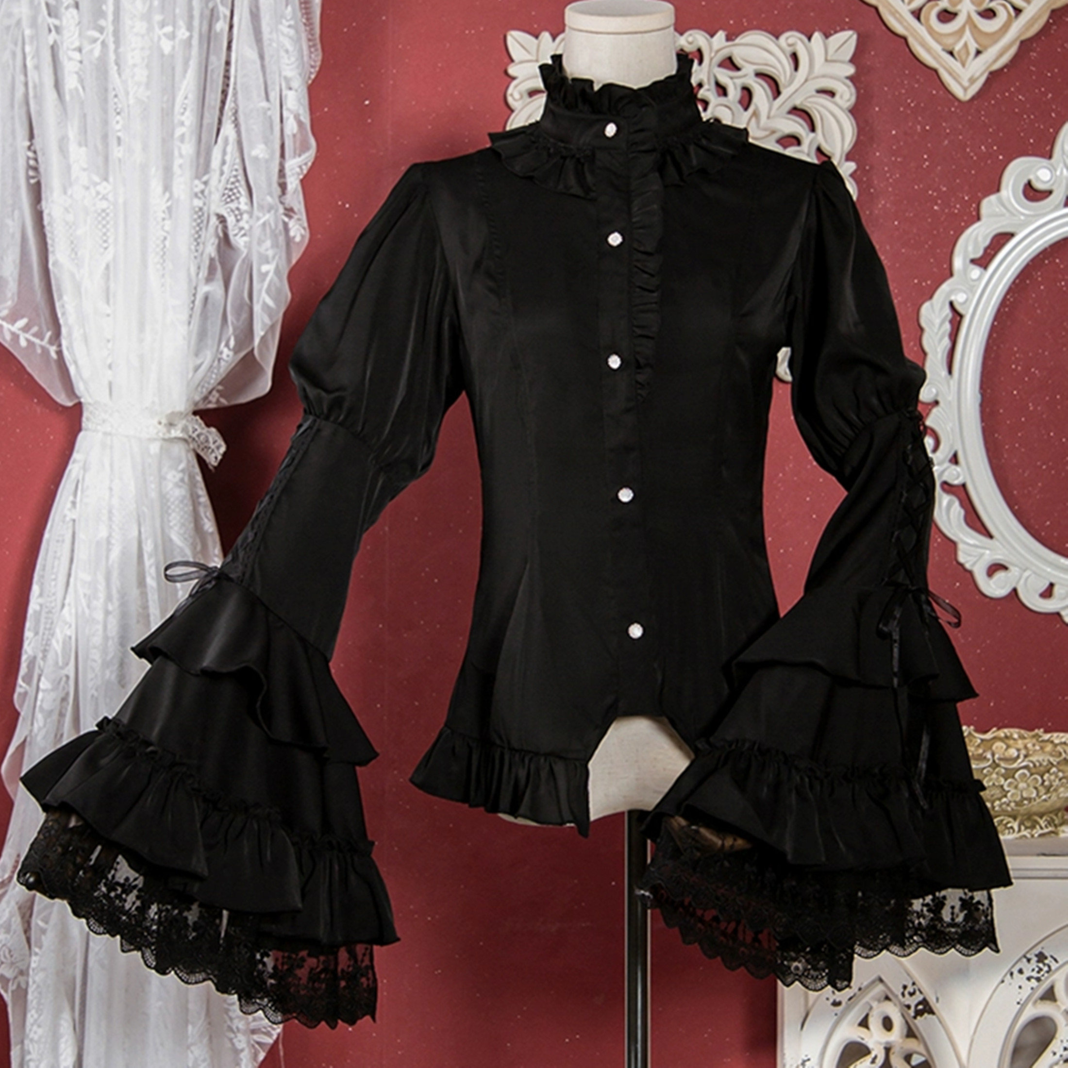 Gothic Stand Collar Shirt with Flared Sleeves