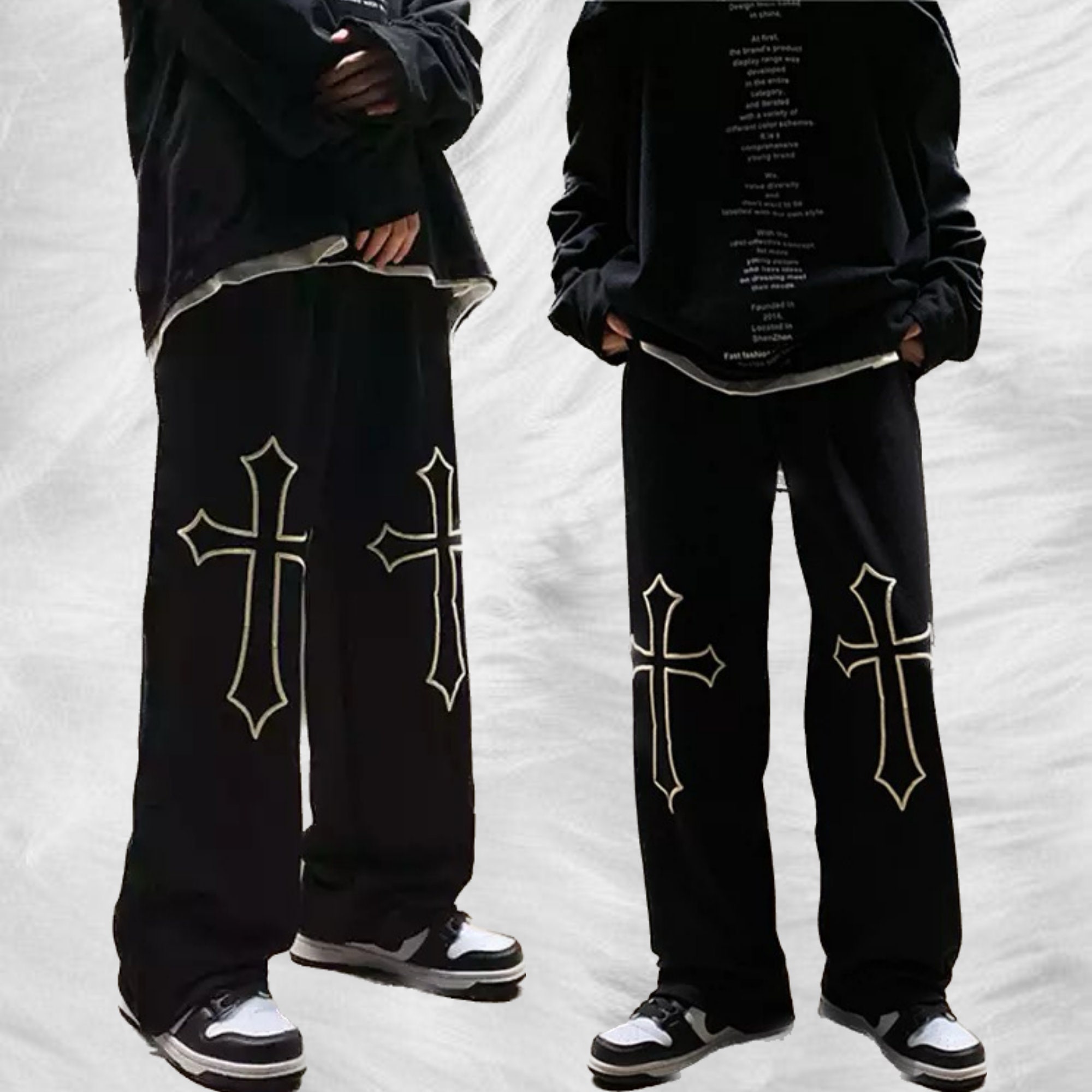 Gothic Style Black Cross Print Pants - Y2K Streetwear