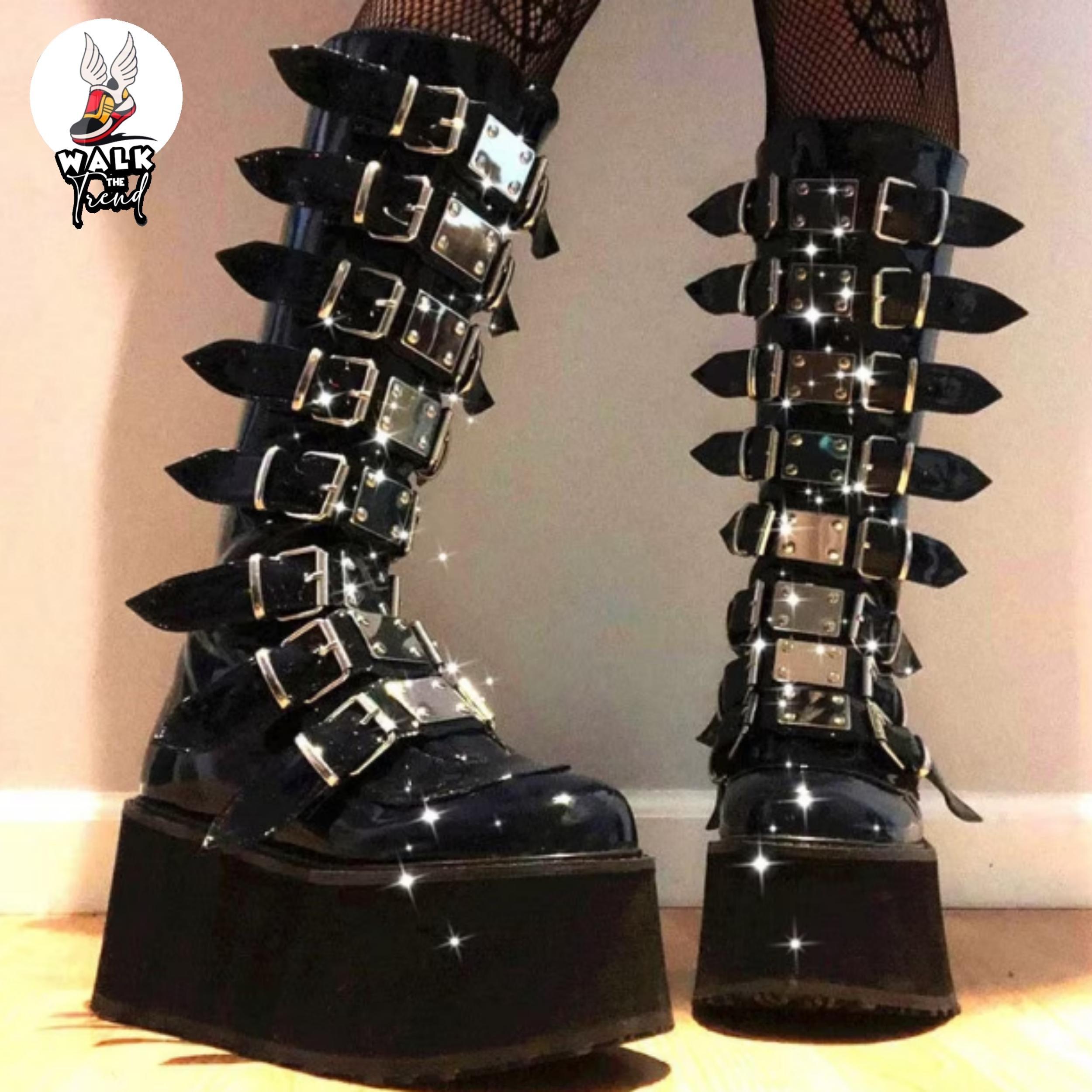 Gothic Style Black Punk Calf Motorcycle Boots - Women's