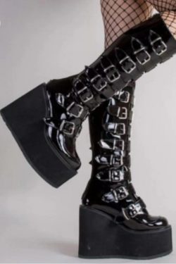Gothic Style Black Punk Calf Motorcycle Boots - Women's