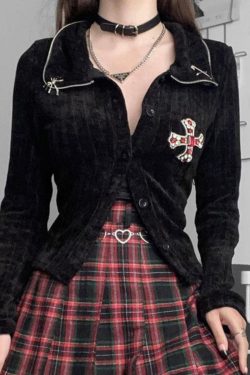Gothic Style Black Velor Cardigan - Y2K Fashion