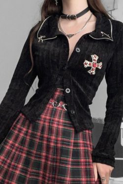 Gothic Style Black Velor Cardigan - Y2K Fashion