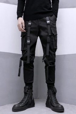 Gothic Style Cargo Pants - Elastic Waist Slim Punk Tactical
