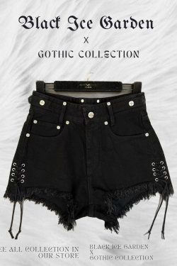 Gothic Style Ripped Black Denim Shorts - Y2K Clothing