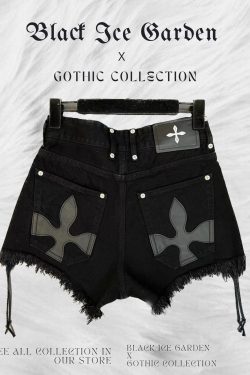 Gothic Style Ripped Black Denim Shorts - Y2K Clothing
