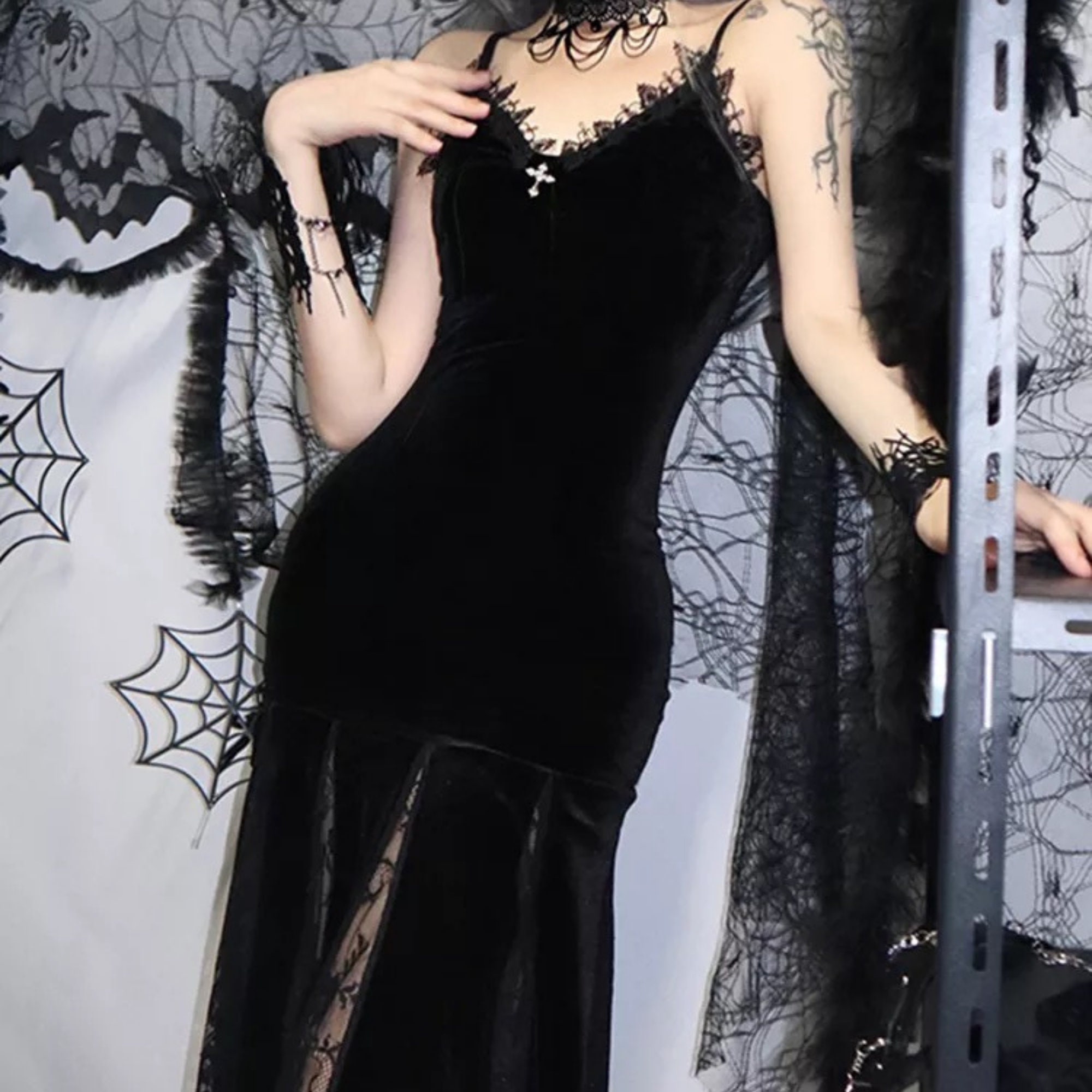 Gothic Velvet Cross Chain Dress - Witch Style Lolita Goth Grunge